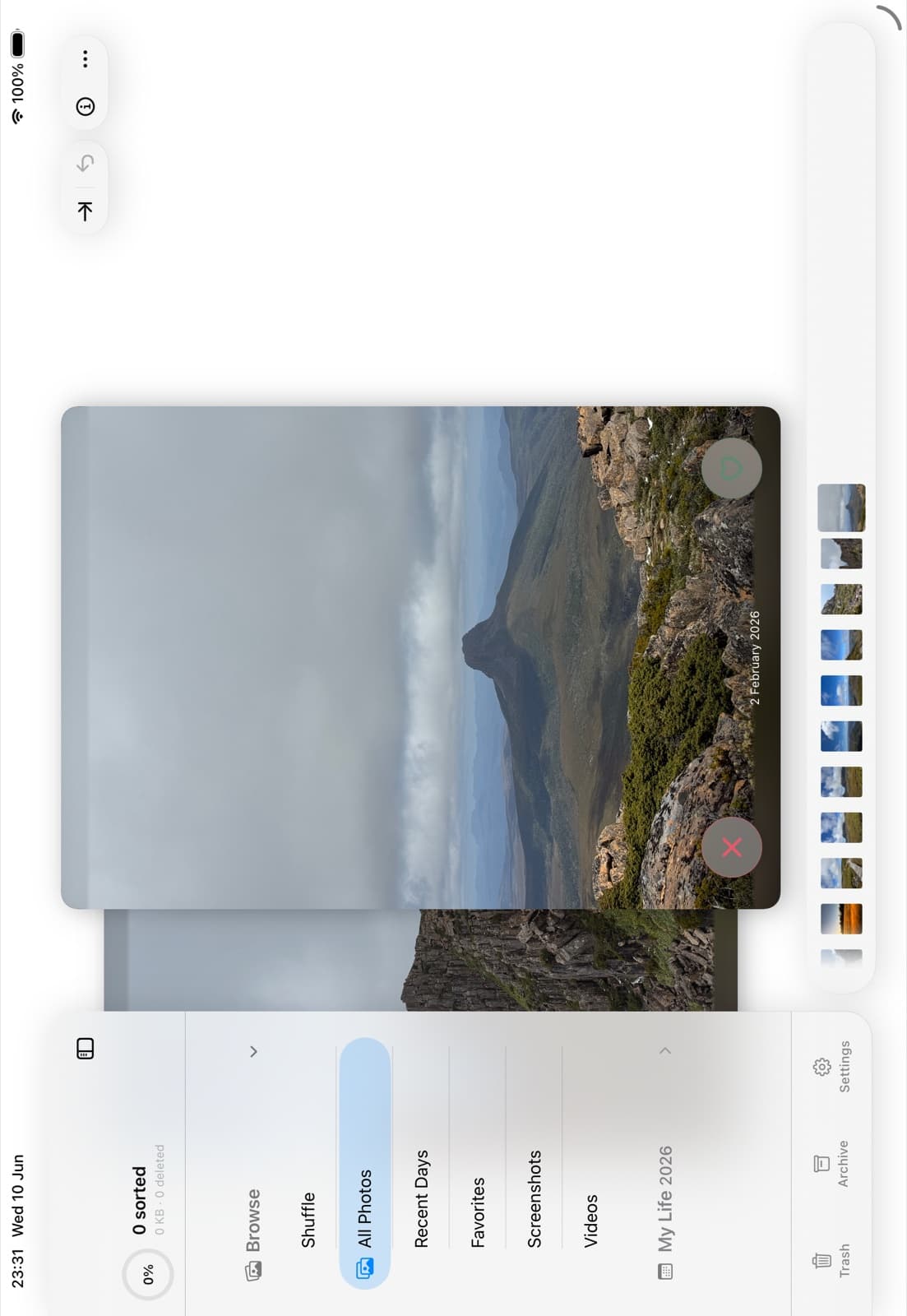 Siftata on iPad in landscape with the sidebar expanded next to the swipe view