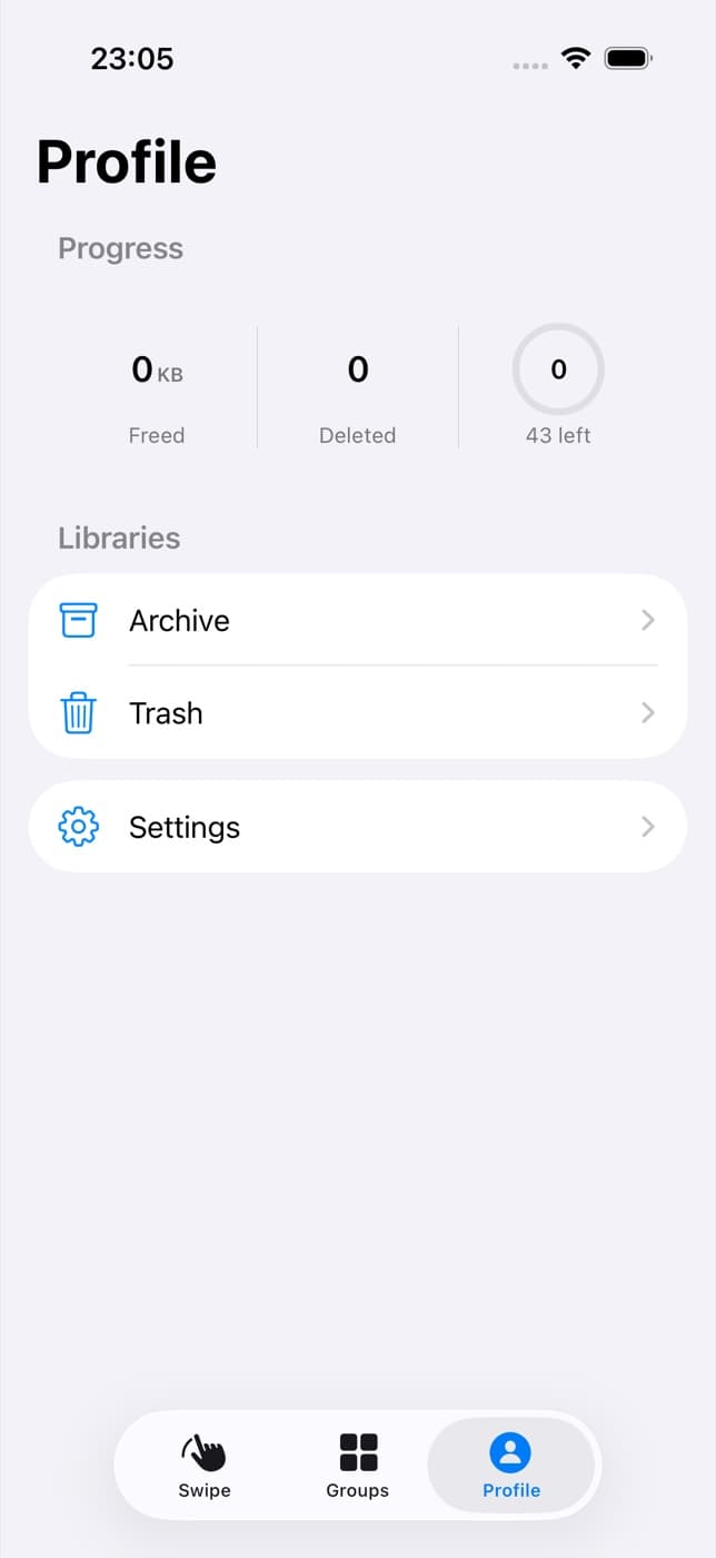 Progress stats with archive, trash, and settings